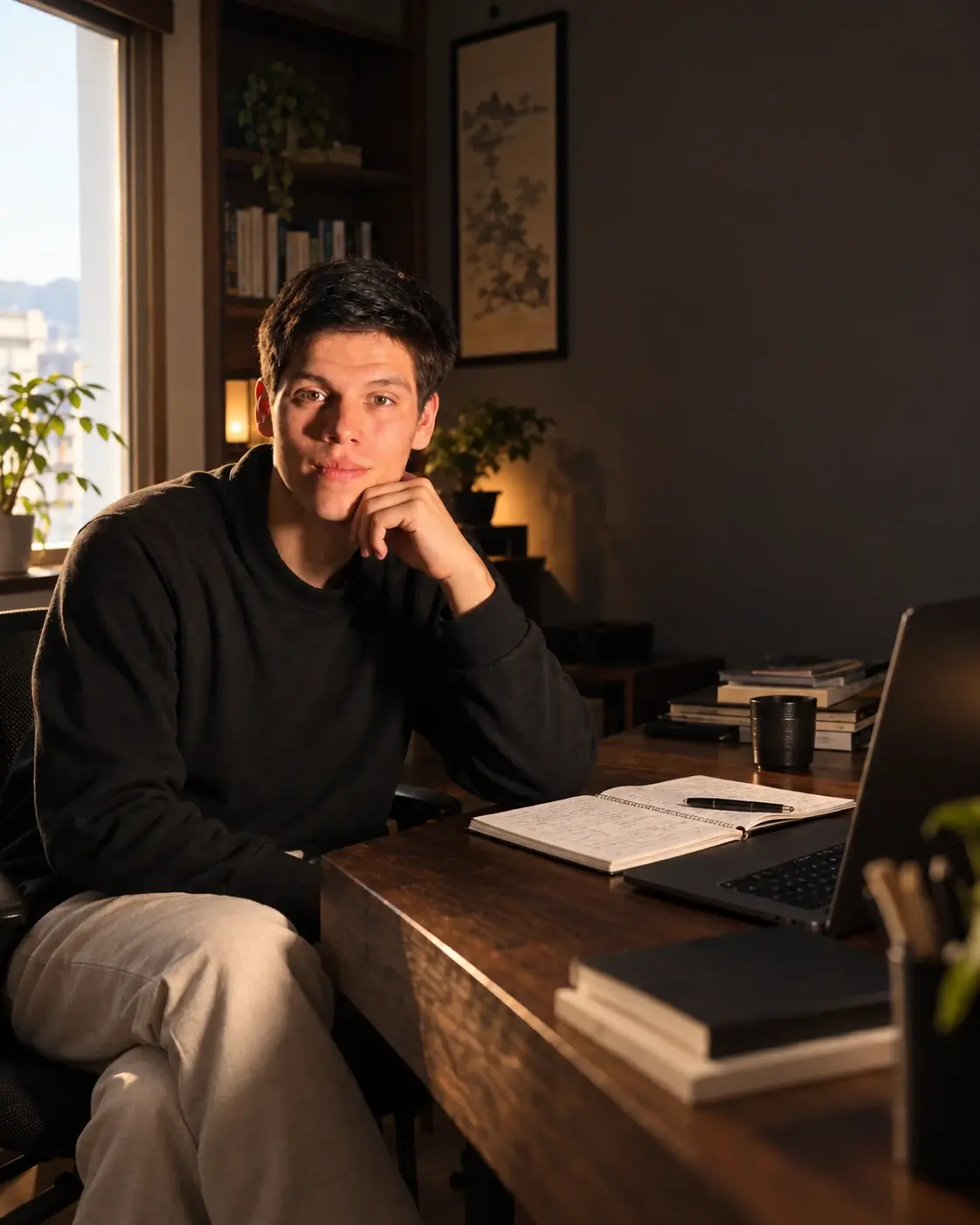 Gabriel sentado en su escritorio con un cuaderno de apuntes abierto