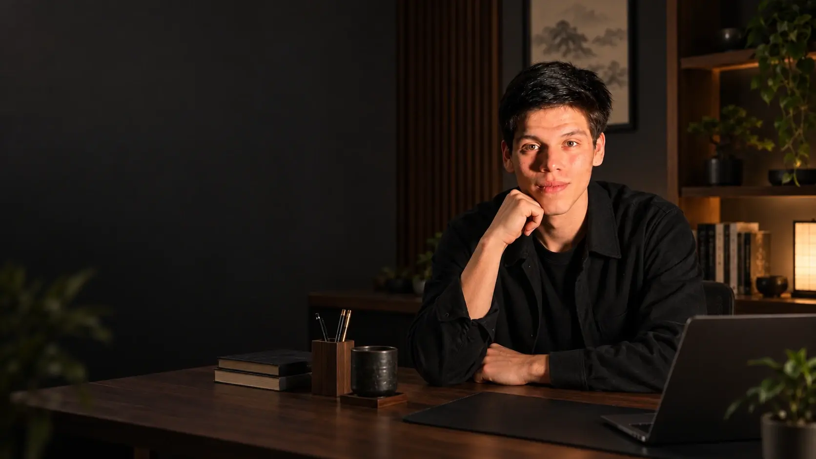 Gabriel Reategui trabajando desde su escritorio en Japón, rodeado de elementos japoneses cálidos